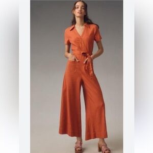 New Anthropologie Maeve Colette Linen Portside Wrap Jumpsuit Burnt Orange Rust 6